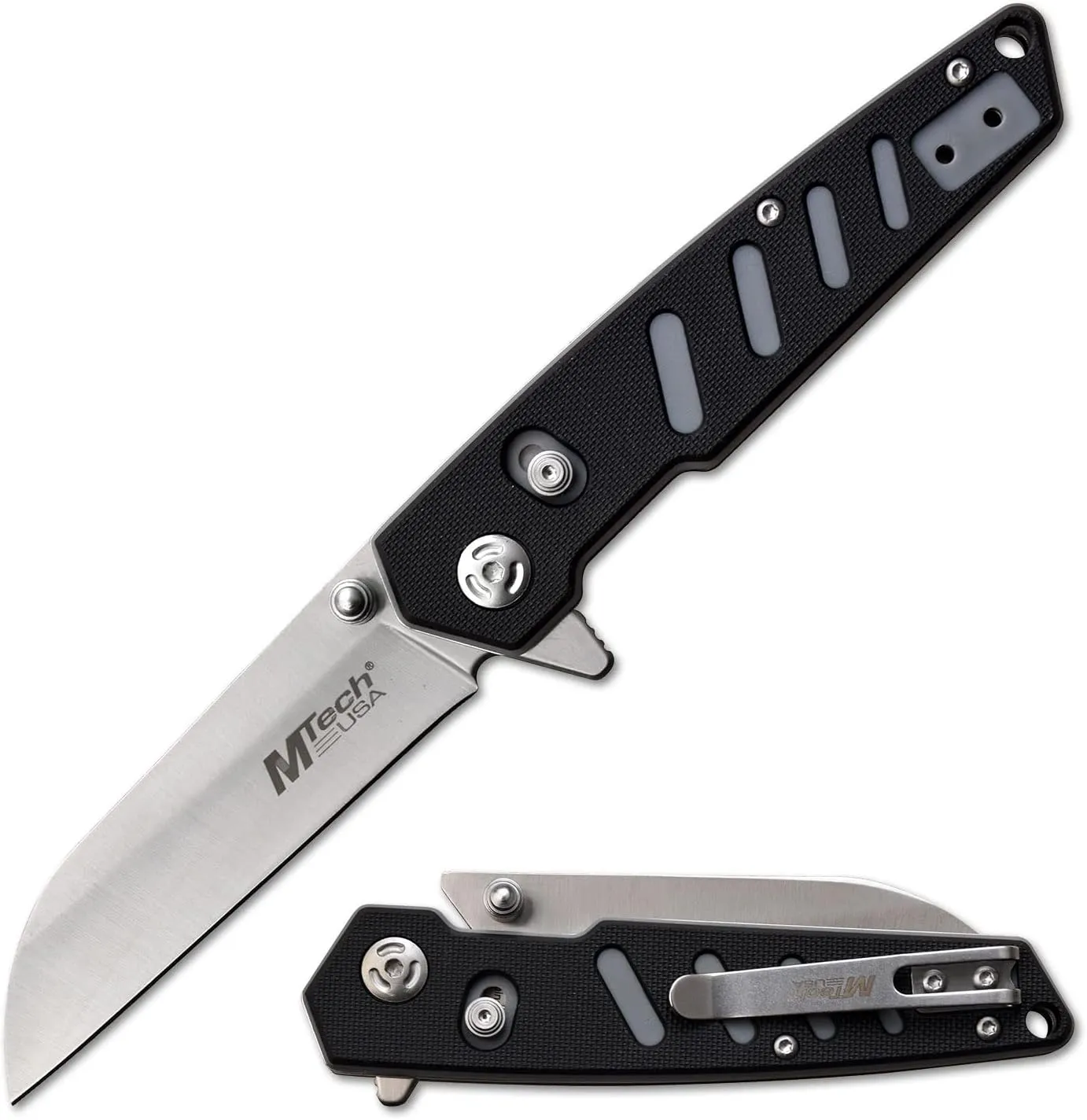 MTECH USA - Manual Folding Knife - Satin Stainless Steel Blade, Black and Grey Rubberized Nylon Fiber Handle, D.L.M., Ball Bearing Pivot, Pocket Clip - MT-1193BGY - Hunting, Survival - MT-1193BGY