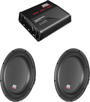 MTX JH5001 Jackhammer Series 500W x 1 @ 1-Ohm Class D Mono Block Amplifier, and (2) MTX 3510-04S 35-Series 10" 300W RMS 4-Ohm Shallow Mount Subwoofer
