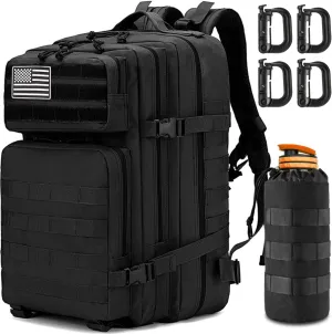 MUCHER 45L Military Tactical Backpack For Men with Bottle Holder and 4 Carabiners Molle Backpack EDC Large 3Day Army Rucksack (Black)