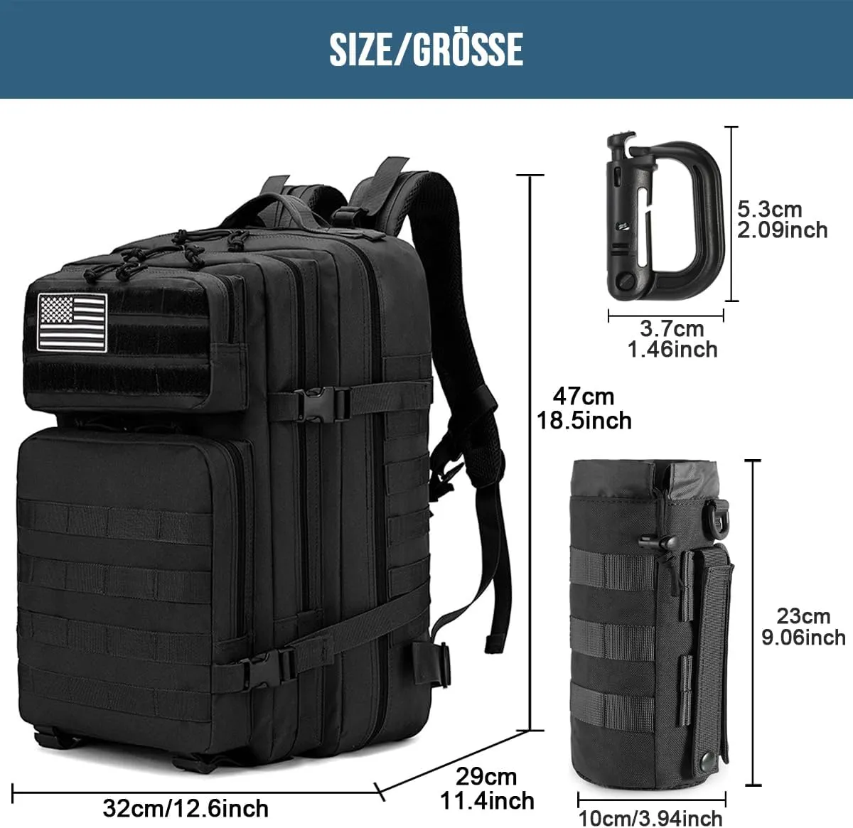MUCHER 45L Military Tactical Backpack For Men with Bottle Holder and 4 Carabiners Molle Backpack EDC Large 3Day Army Rucksack (Black)