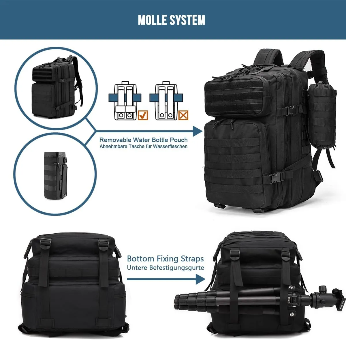 MUCHER 45L Military Tactical Backpack For Men with Bottle Holder and 4 Carabiners Molle Backpack EDC Large 3Day Army Rucksack (Black)