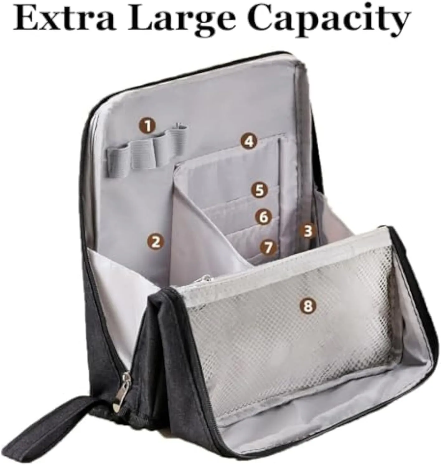 Multi-Purpose Large Capacity Oxford Cloth Standing Makeup Bag - Waterproof Cosmetic Organizer with Compartments, Travel Toiletry Bag, Black Standing Makeup Pouch for Storage (Gray)