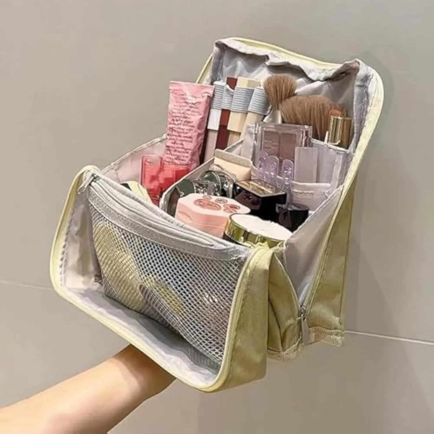 Multi-Purpose Large Capacity Oxford Cloth Standing Makeup Bag - Waterproof Cosmetic Organizer with Compartments, Travel Toiletry Bag, Black Standing Makeup Pouch for Storage (Gray)