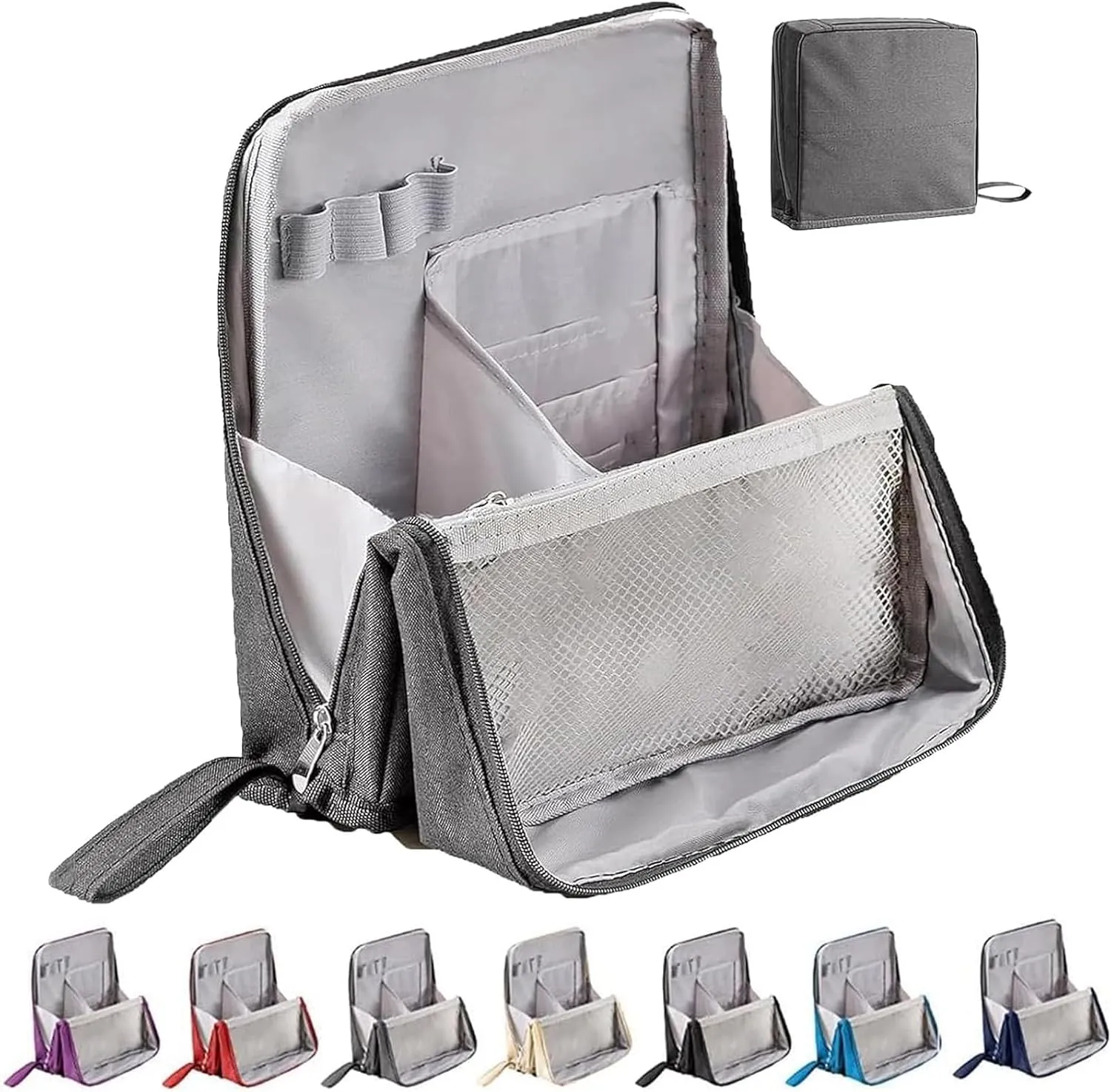 Multi-Purpose Large Capacity Oxford Cloth Standing Makeup Bag - Waterproof Cosmetic Organizer with Compartments, Travel Toiletry Bag, Black Standing Makeup Pouch for Storage (Gray)