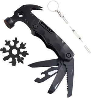 Multitool Camping Accessories Survival Gear and Equipment 15 in 1 Hammer Multi Tool Set , 18 in 1 Snowflake Multi Tool, 3-in-1 Mini Precision Screwdriver with Keychain (Black)