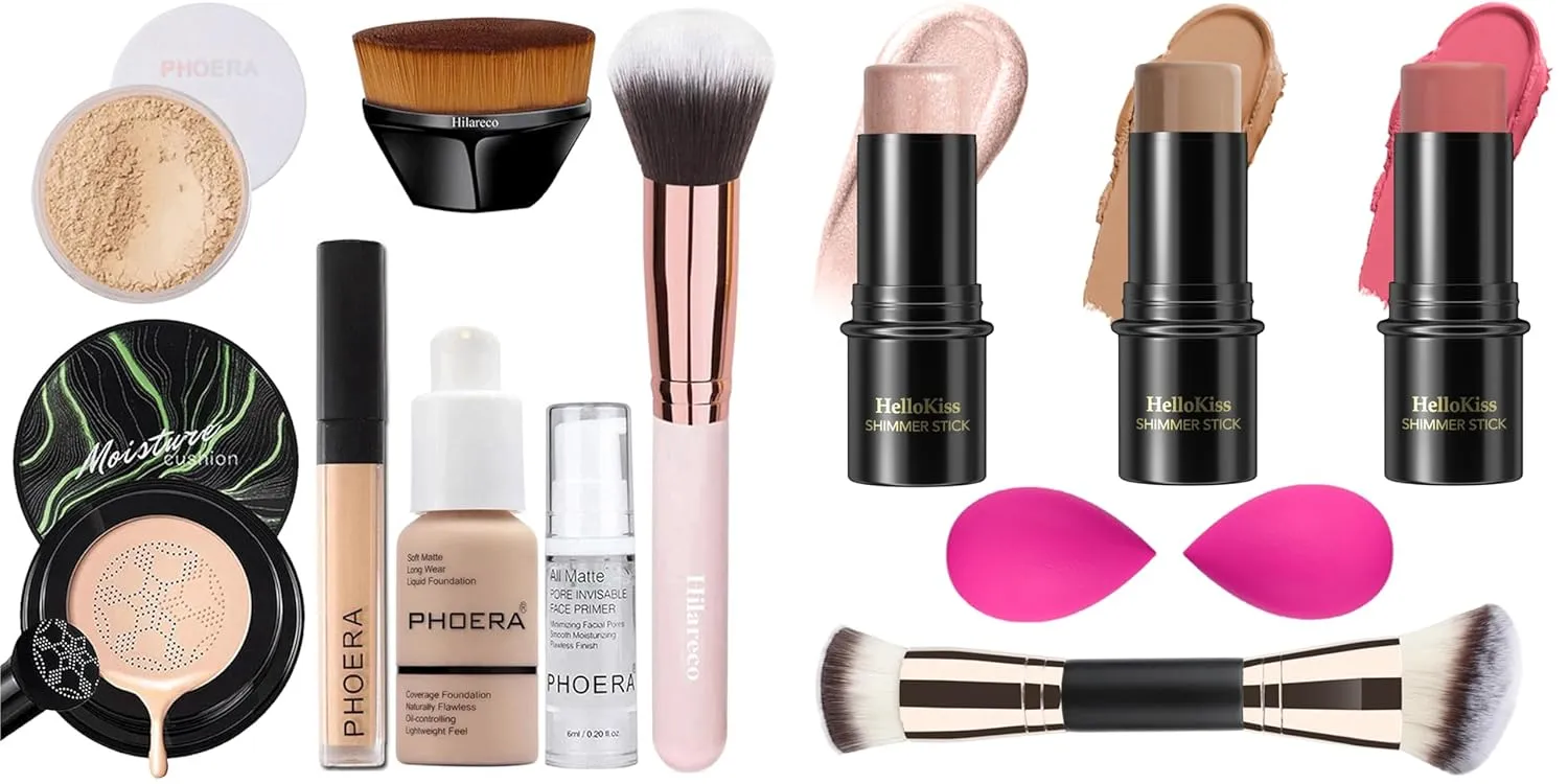 Mushroom Head Air Cushion CC Cream,PHOERA Foundation,PHOERA Concealer, PHOERA Powder, 3 Pcs Cream Contour Stick Makeup Kit, Shades with Highlighter Stick, Blush Stick and Bronzer Contour Stick