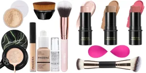 Mushroom Head Air Cushion CC Cream,PHOERA Foundation,PHOERA Concealer, PHOERA Powder, 3 Pcs Cream Contour Stick Makeup Kit, Shades with Highlighter Stick, Blush Stick and Bronzer Contour Stick