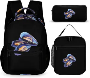 Mussels Seafood Large Capacity Backpacks with Lunch Bag Pencil Case Set Resistant Daypack 3 Piece