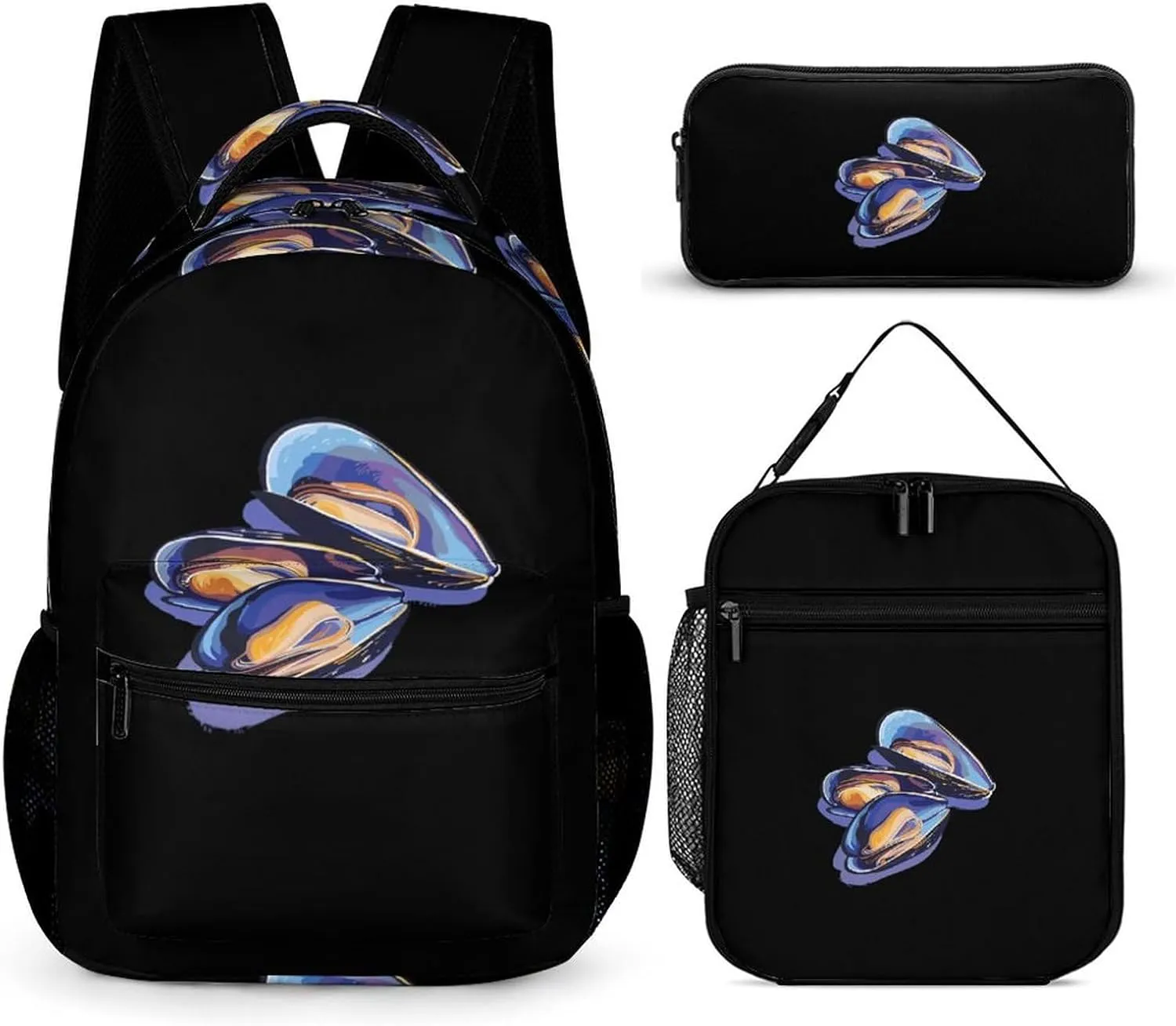 Mussels Seafood Large Capacity Backpacks with Lunch Bag Pencil Case Set Resistant Daypack 3 Piece
