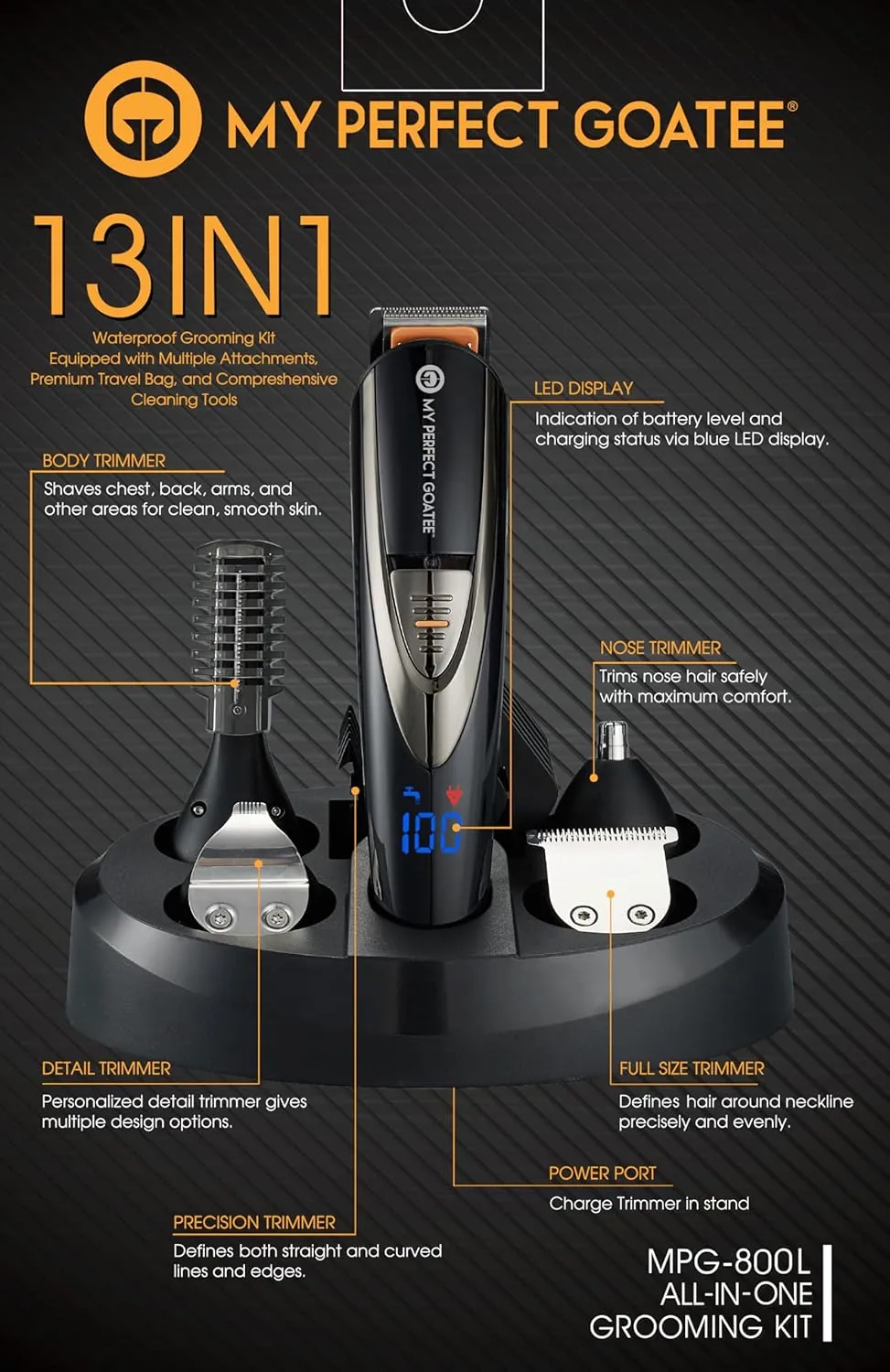 My Perfect Goatee®️ 13-in-1 Mens Grooming Kit - LED Display Beard Trimming Kit with Travel Bag, Charging Stand, & More - Waterproof, Cordless Electric Trimmer for Nose, Body, & More – Ideal Gift Set