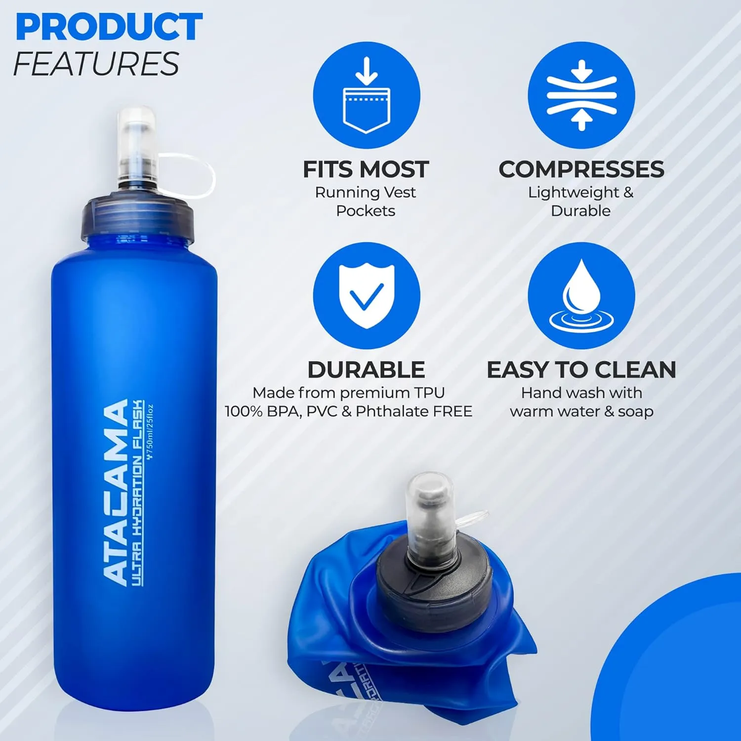 MyBand Atacama Ultra Hydration Soft Flask - Running Water Bottle - 750ml/25oz Capacity - Leak Proof Collapsible Bottles – Food Grade TPU Material - Wide Cap Opening & Straw Cleaner
