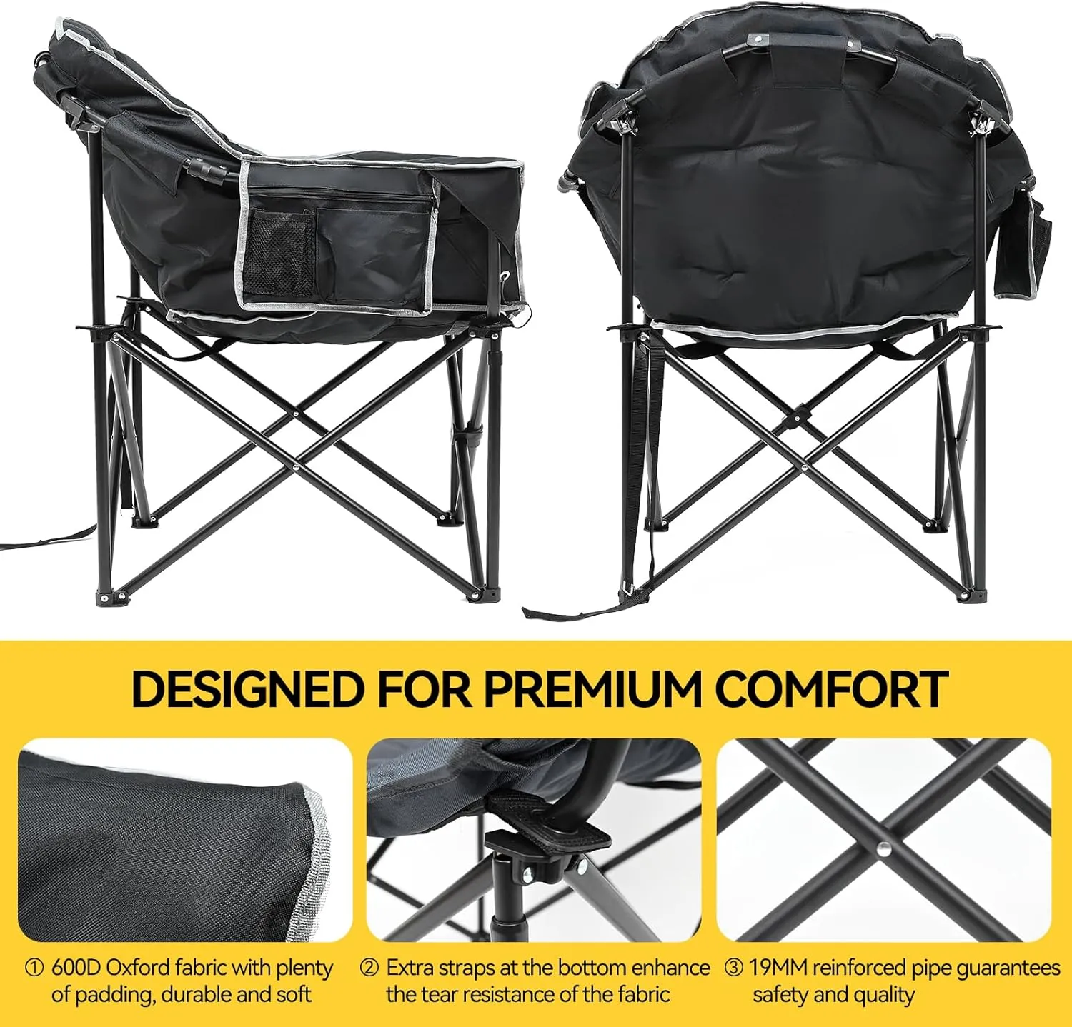 NAIZEA Heated Camping Chair, Oversized Heated Folding Outdoor Chair for Adults with 3 Heat Levels, Portable Foldable Patio Lounge Chair for Sports Outdoors Camp, Battery NOT Included