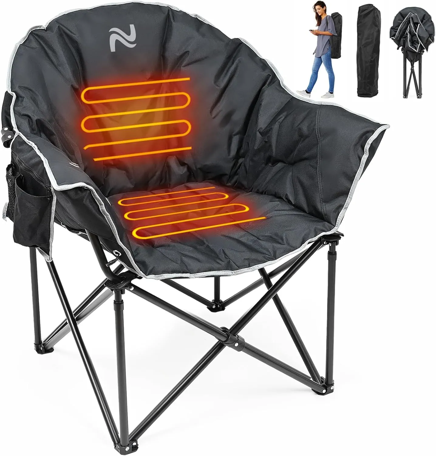 NAIZEA Heated Camping Chair, Oversized Heated Folding Outdoor Chair for Adults with 3 Heat Levels, Portable Foldable Patio Lounge Chair for Sports Outdoors Camp, Battery NOT Included