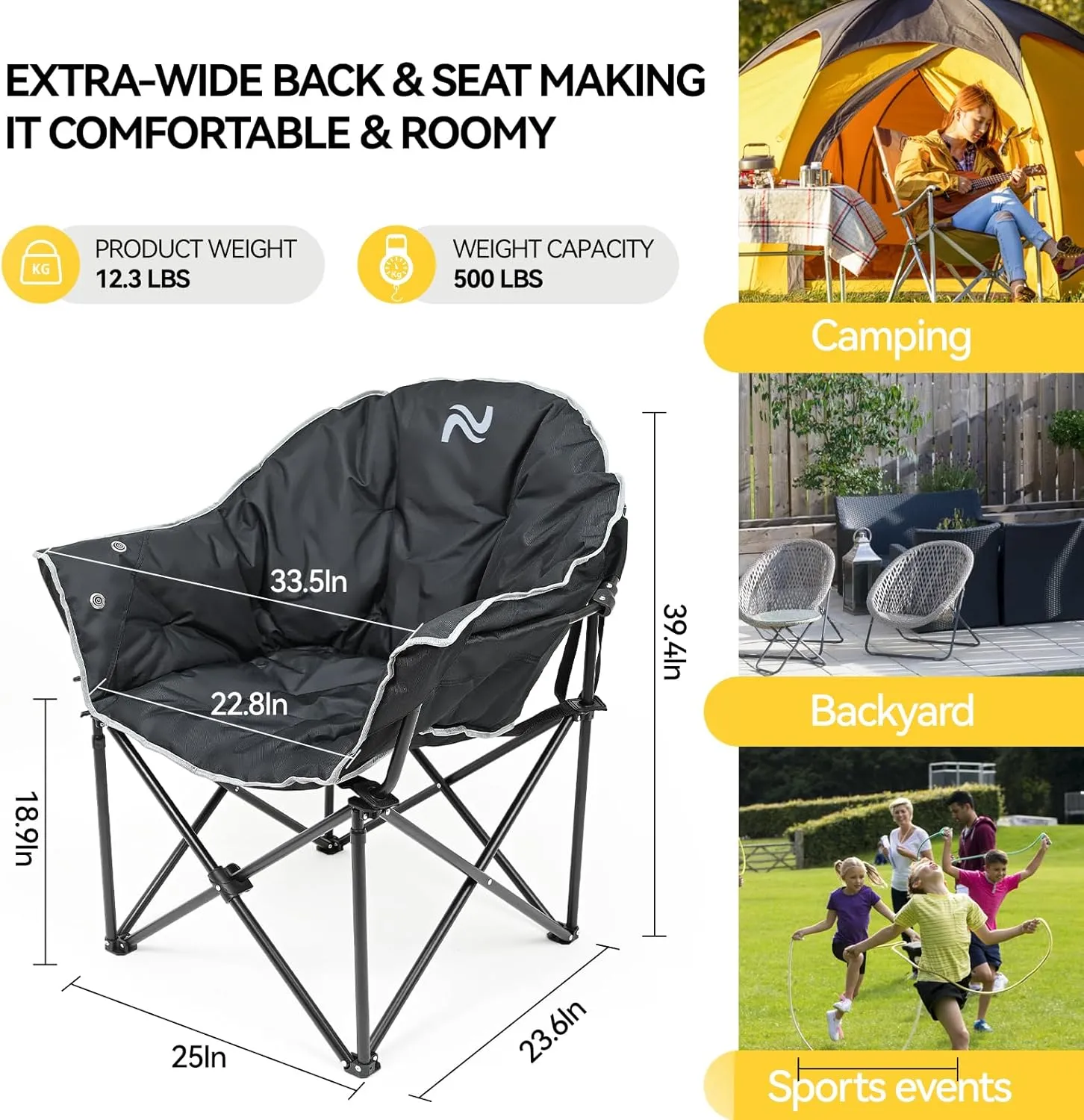 NAIZEA Heated Camping Chair, Oversized Heated Folding Outdoor Chair for Adults with 3 Heat Levels, Portable Foldable Patio Lounge Chair for Sports Outdoors Camp, Battery NOT Included
