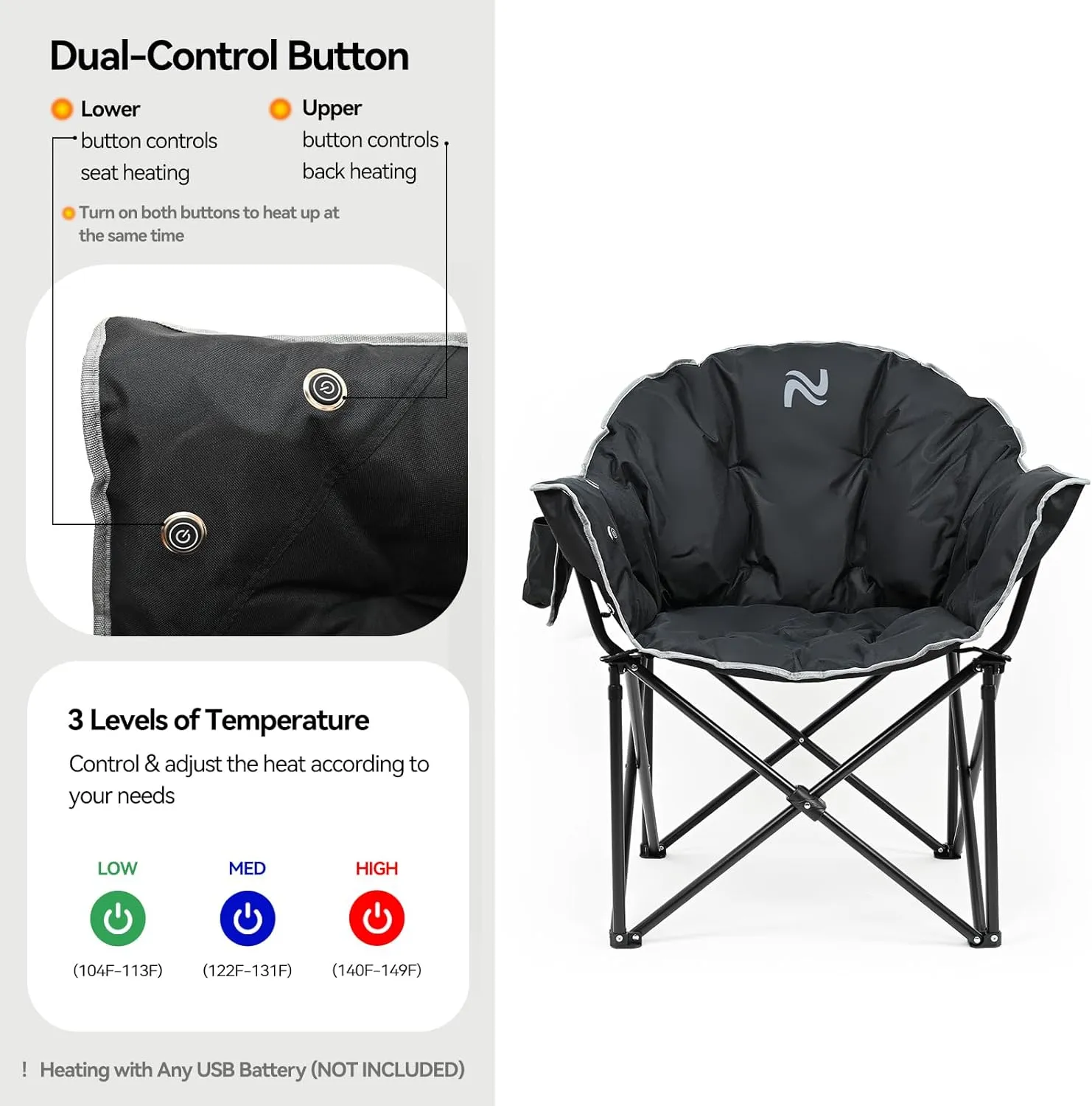 NAIZEA Heated Camping Chair, Oversized Heated Folding Outdoor Chair for Adults with 3 Heat Levels, Portable Foldable Patio Lounge Chair for Sports Outdoors Camp, Battery NOT Included