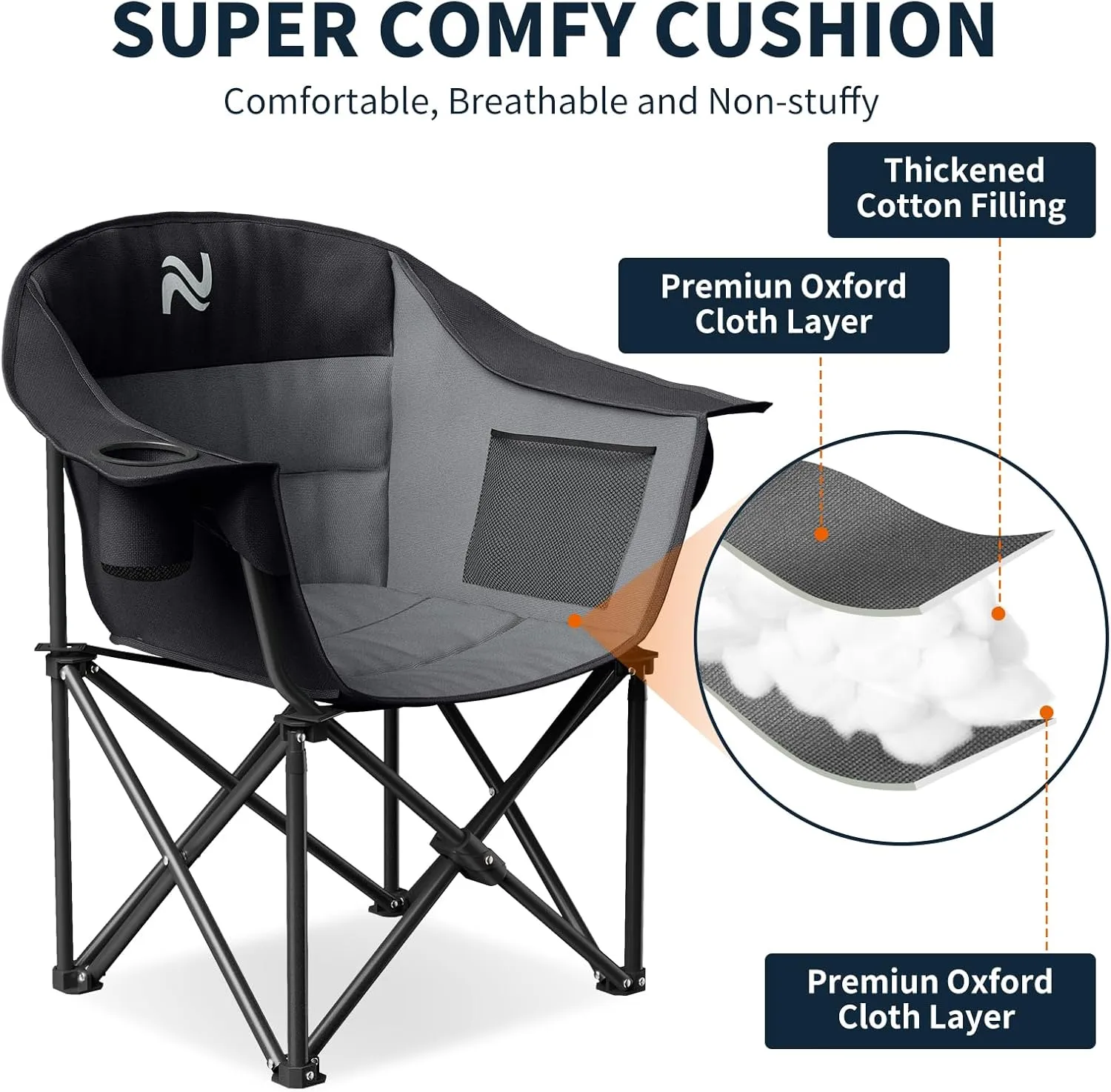 NAIZEA Oversized Padded Camping Chair, Outdoor Folding Chair, Portable Heavy Duty Arm Chairs with Side Pockets, Cup Holder for Beach, Lawn, Picnic, Fishing, Backpacking