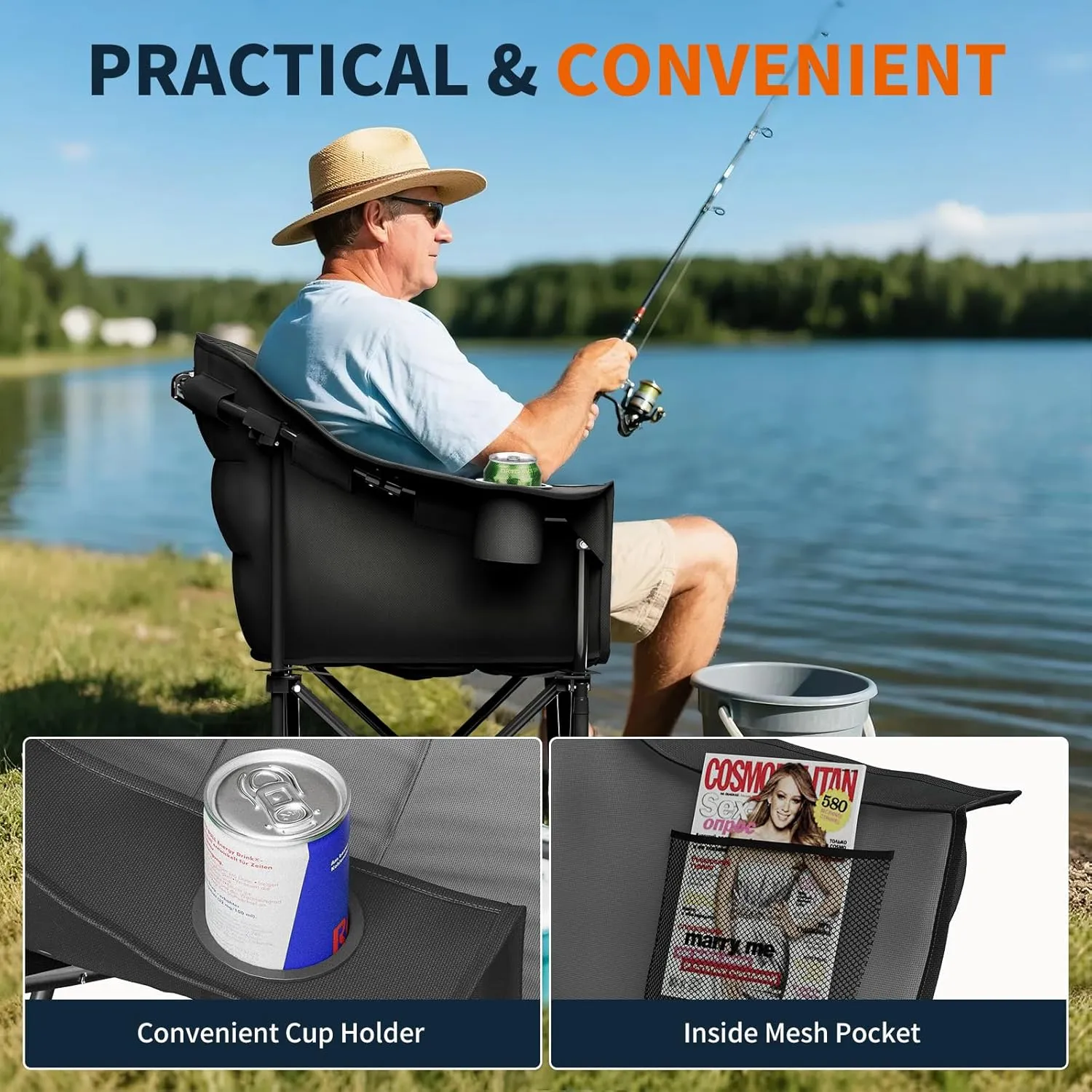 NAIZEA Oversized Padded Camping Chair, Outdoor Folding Chair, Portable Heavy Duty Arm Chairs with Side Pockets, Cup Holder for Beach, Lawn, Picnic, Fishing, Backpacking