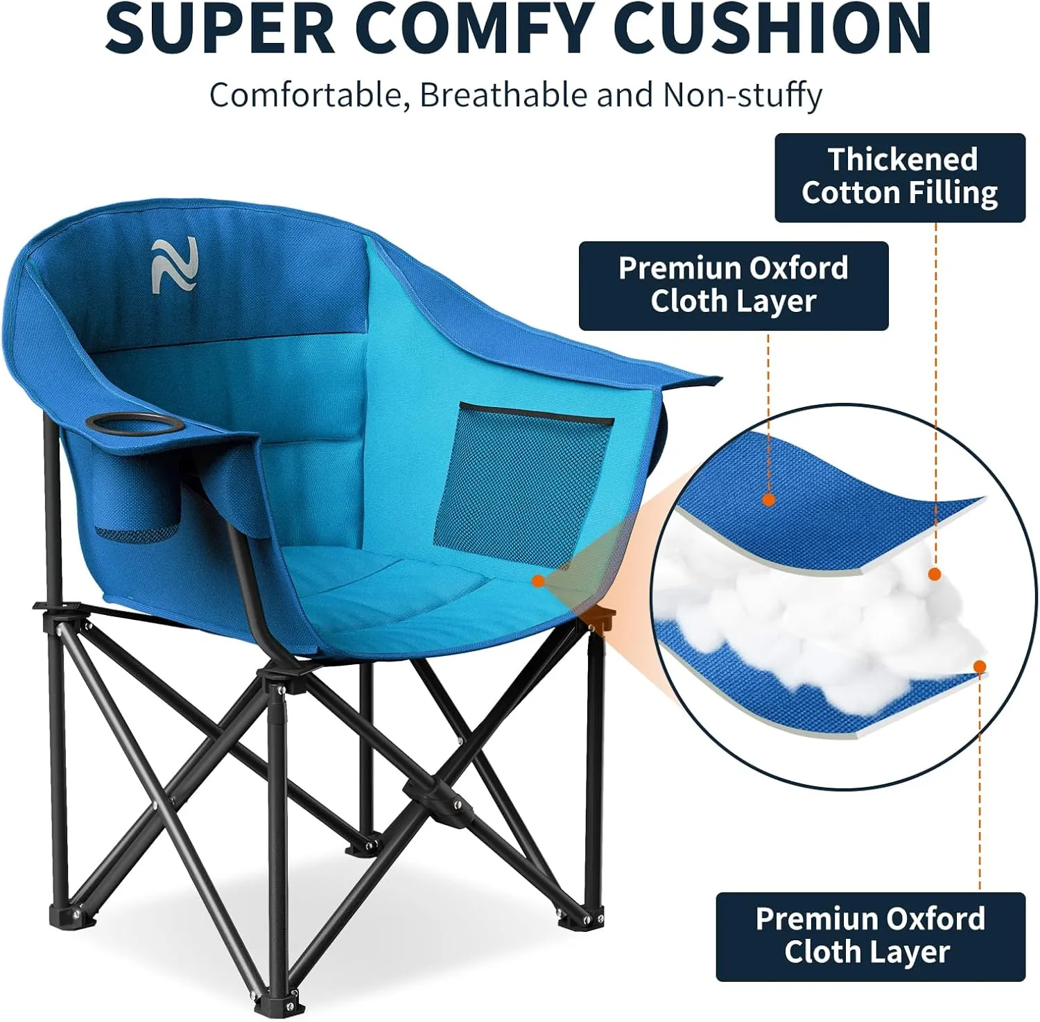 NAIZEA Oversized Padded Camping Chair, Outdoor Folding Chair, Portable Heavy Duty Arm Chairs with Side Pockets, Cup Holder for Beach, Lawn, Picnic, Fishing, Backpacking