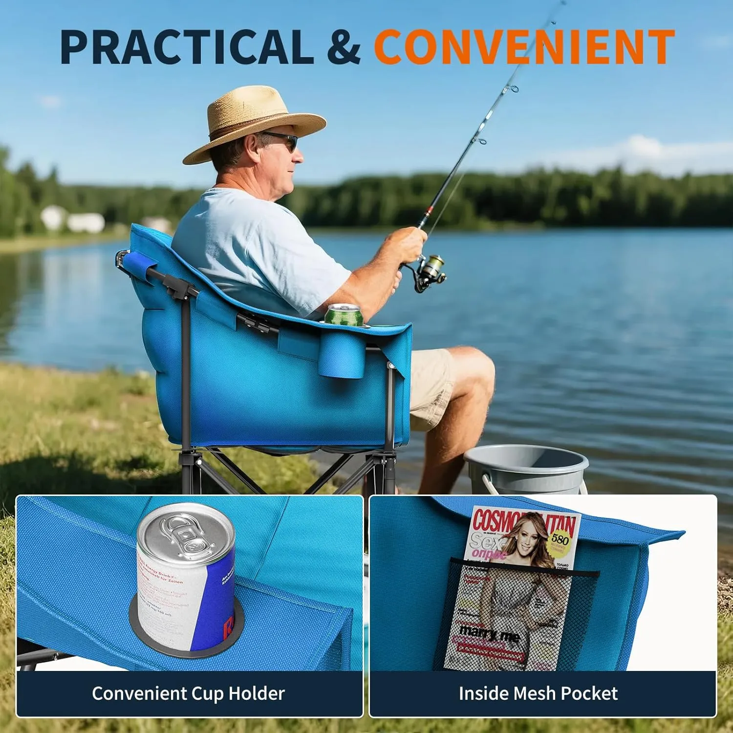 NAIZEA Oversized Padded Camping Chair, Outdoor Folding Chair, Portable Heavy Duty Arm Chairs with Side Pockets, Cup Holder for Beach, Lawn, Picnic, Fishing, Backpacking