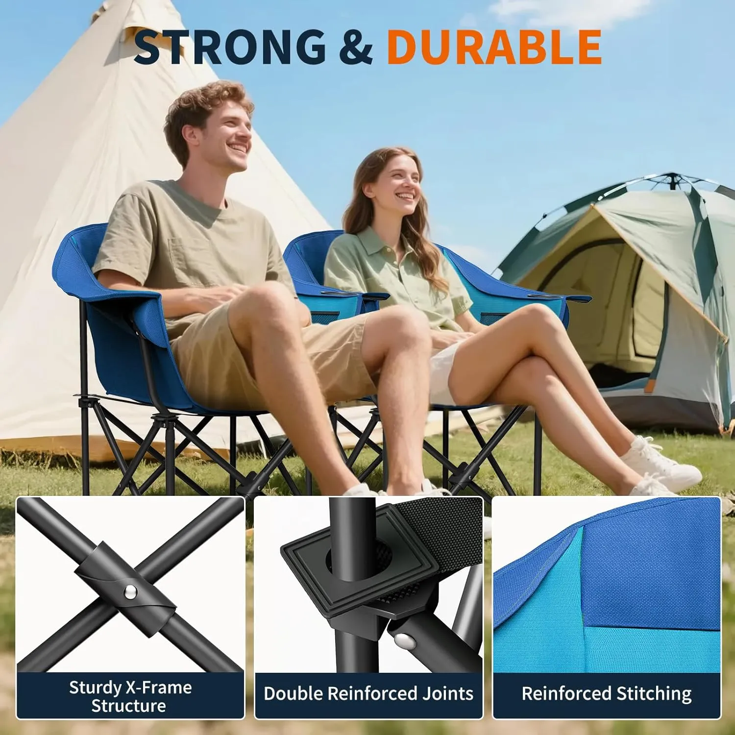 NAIZEA Oversized Padded Camping Chair, Outdoor Folding Chair, Portable Heavy Duty Arm Chairs with Side Pockets, Cup Holder for Beach, Lawn, Picnic, Fishing, Backpacking