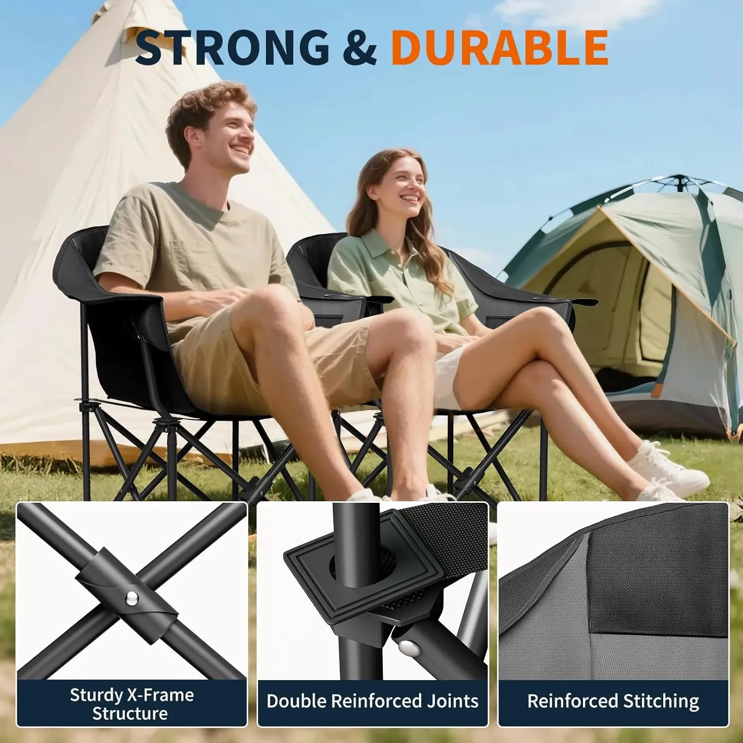 NAIZEA Oversized Padded Camping Chair, Outdoor Folding Chair, Portable Heavy Duty Arm Chairs with Side Pockets, Cup Holder for Beach, Lawn, Picnic, Fishing, Backpacking