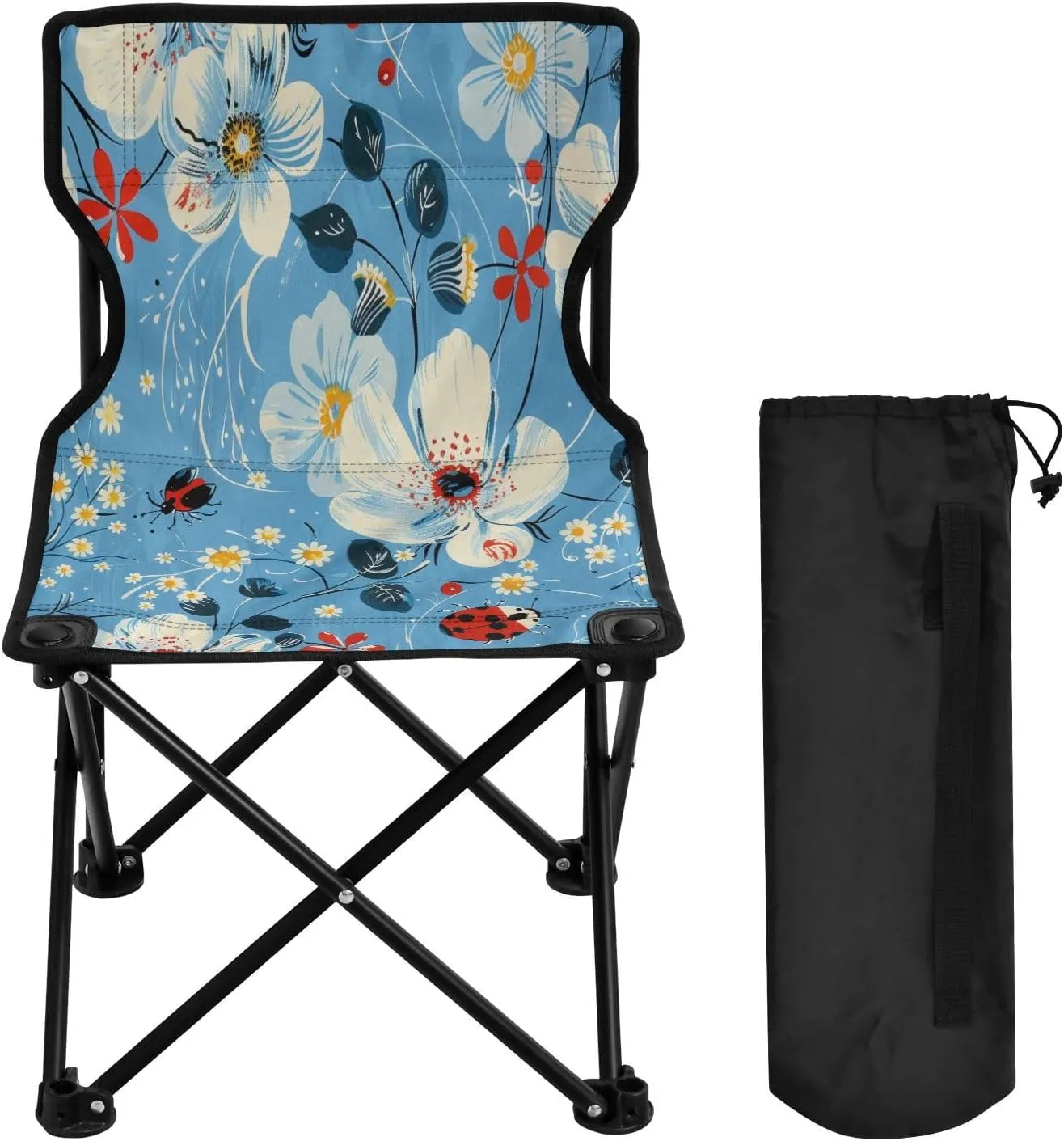 National Style Blue Flower Portable Outdoor Folding Chair Anti-Slip Padded Oxford Cloth Stool Camping Chair Small for Beach Hiking Fishing Gardening Quad Camp Chair