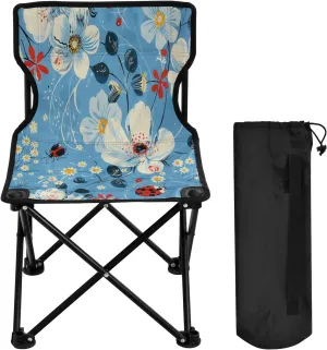 National Style Blue Flower Portable Outdoor Folding Chair Anti-Slip Padded Oxford Cloth Stool Camping Chair Small for Beach Hiking Fishing Gardening Quad Camp Chair