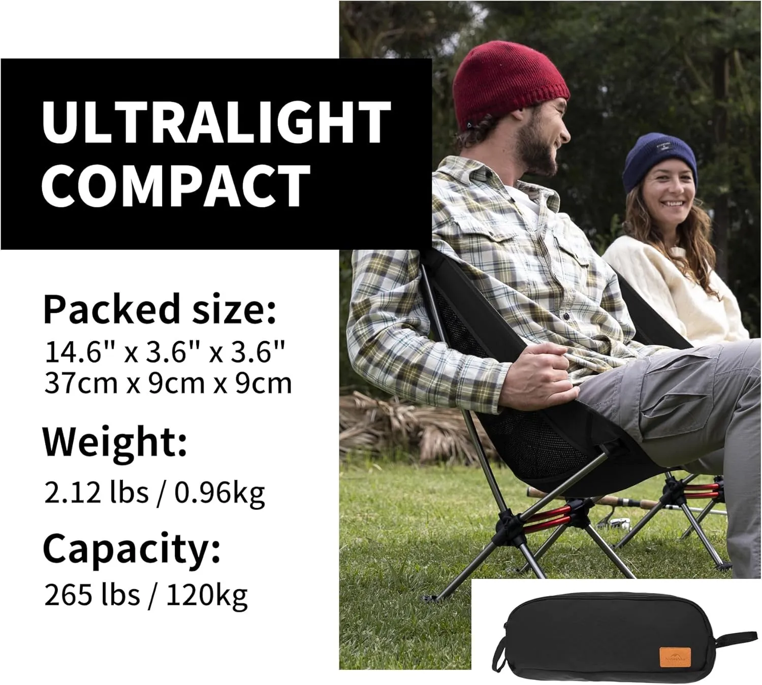 Naturehike YL08 Ultralight Camping Chair, 2.12 LBS Portable Backpacking Chair with Storage Bag & Anti-Sinking Feet, Lightweight Compact Collapsible Camp Chair