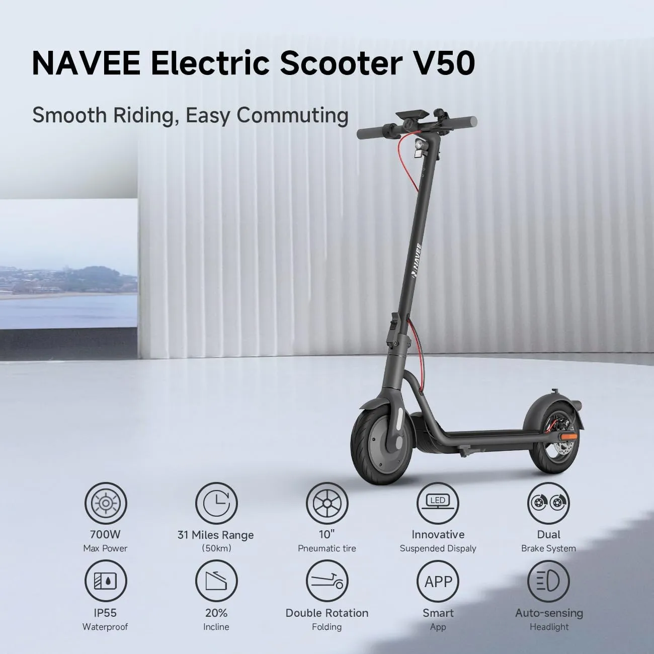 NAVEE Electric Scooter, Max 20/19 MPH & 40/31/25/15.5 Miles, 900W/700W/600W Max Power, 10'' Pneumatic Tire, IP55 Waterproof, Foldable E-Scooter for Adults College Student Scooter Enthusiasts