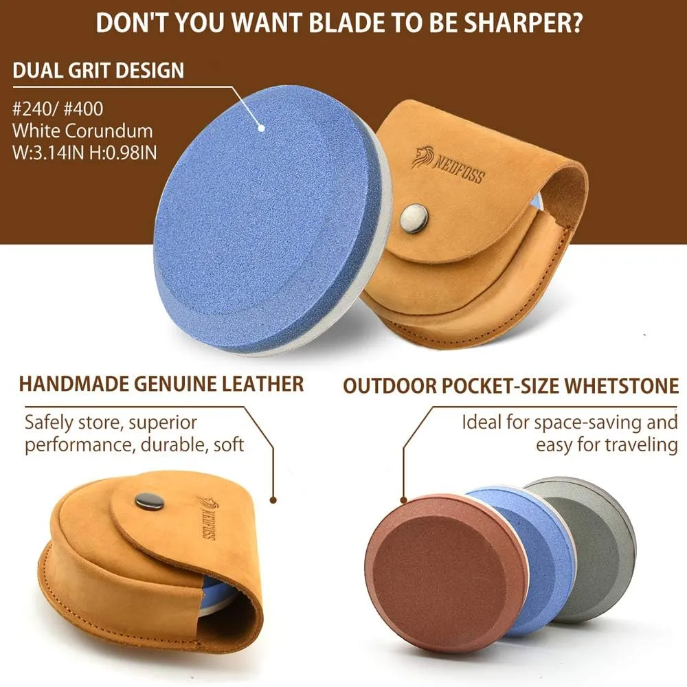 NedFoss Axe Sharpener Tool with Leather Sheath, Sharpening Puck Whetstone Hatchet & Tool Sharpening Stone, Dual Grit Multi-Purpose Sharpener (Blue)