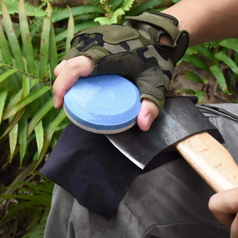 NedFoss Axe Sharpener Tool with Leather Sheath, Sharpening Puck Whetstone Hatchet & Tool Sharpening Stone, Dual Grit Multi-Purpose Sharpener (Blue)