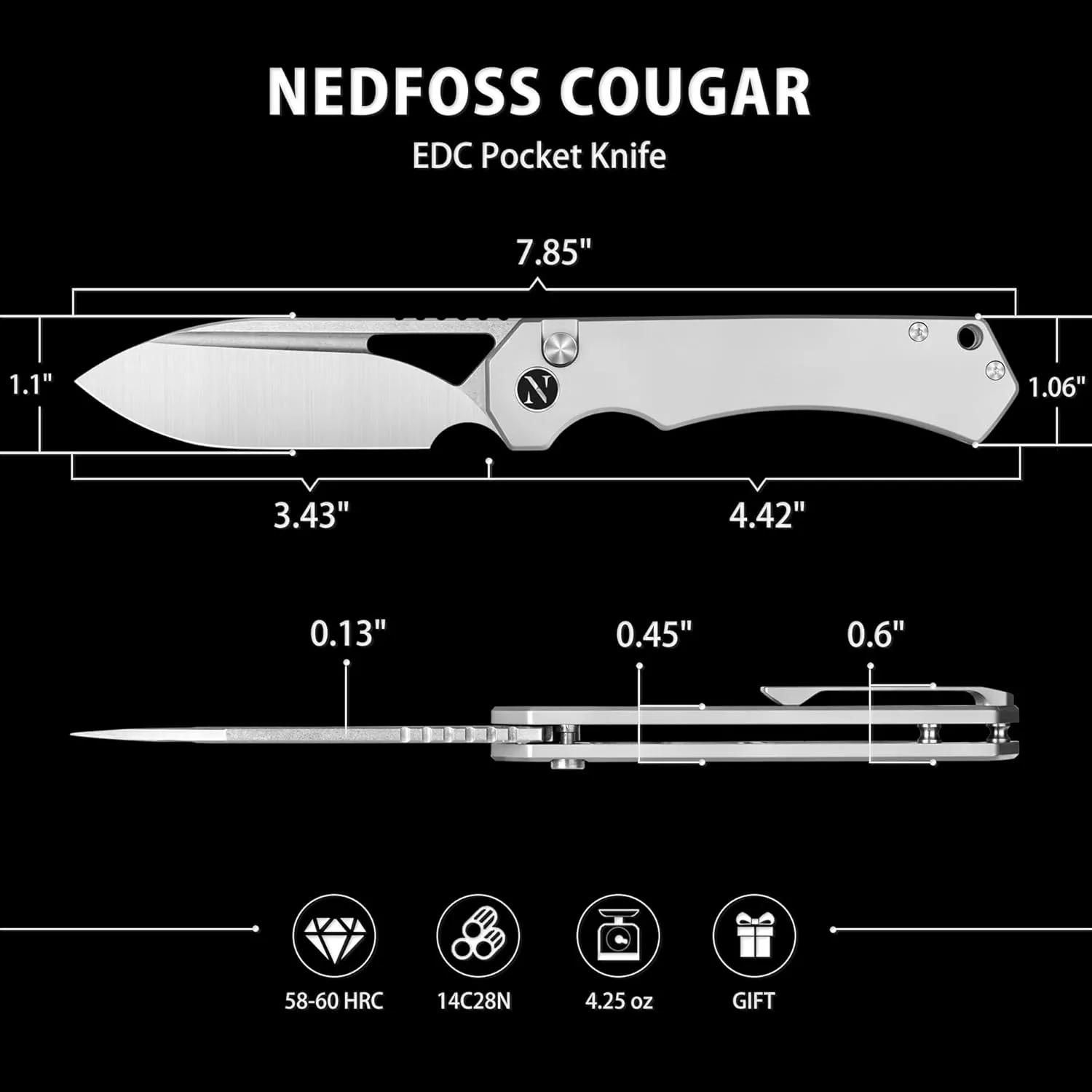 NedFoss COUGAR Folding Pocket Knife, 2.98" Sandvik 14C28N Blade, Lightweight Steel Handle, Sharp Button Lock Knife for EDC, Steel Pocket Clip, Razor Utility Knife, Pocket Knife for Men and Women