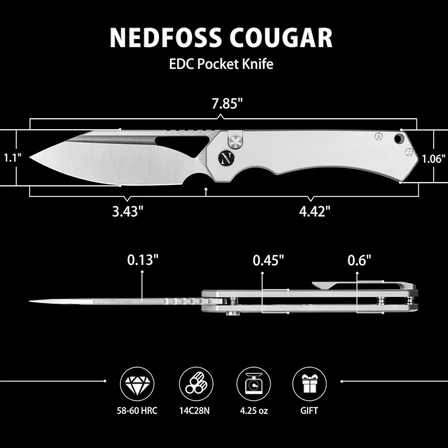 NedFoss COUGAR Folding Pocket Knife, 2.98" Sandvik 14C28N Blade, Lightweight Steel Handle, Sharp Button Lock Knife for EDC, Steel Pocket Clip, Razor Utility knife, Pocket Knife for Men and Women