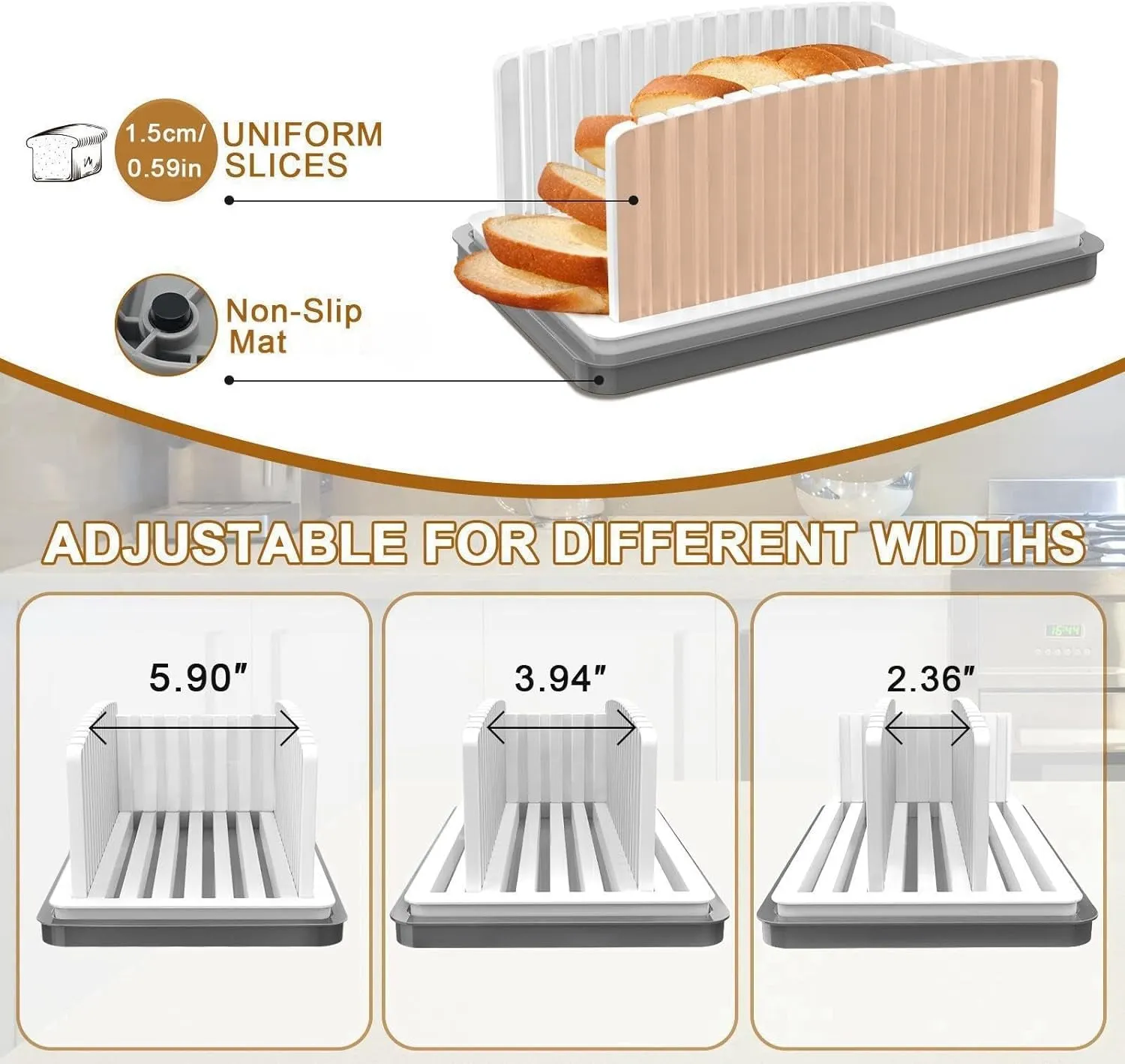 New Upgrade Bread Slicer for Homemade Bread, Bread Slicing Guide Adjustable Width, Foldable and Compact Cutting Guide with Crumb Tray, Suitability for Homemade Bread, Bagels, Cakes.