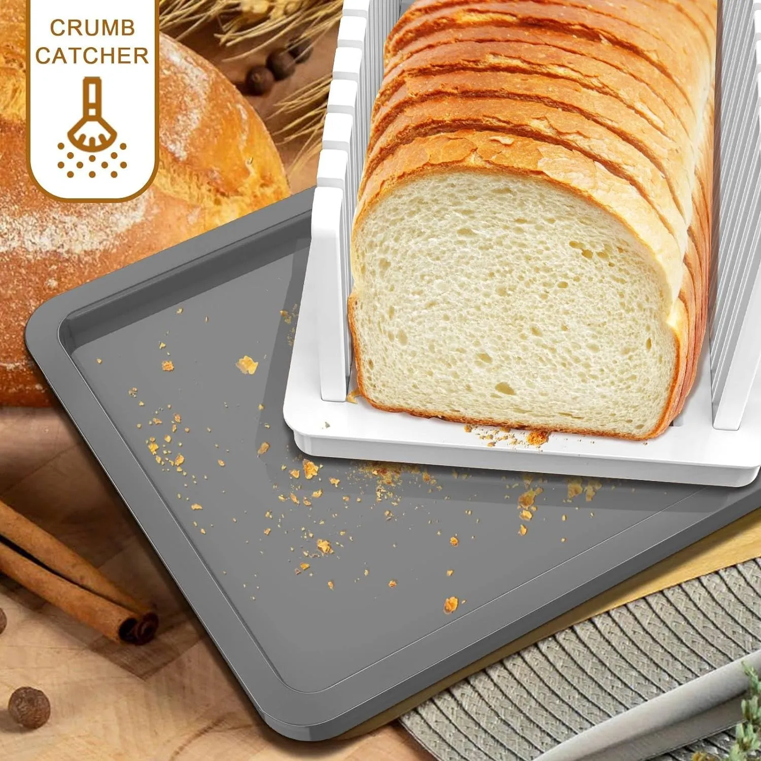 New Upgrade Bread Slicer for Homemade Bread, Bread Slicing Guide Adjustable Width, Foldable and Compact Cutting Guide with Crumb Tray, Suitability for Homemade Bread, Bagels, Cakes.
