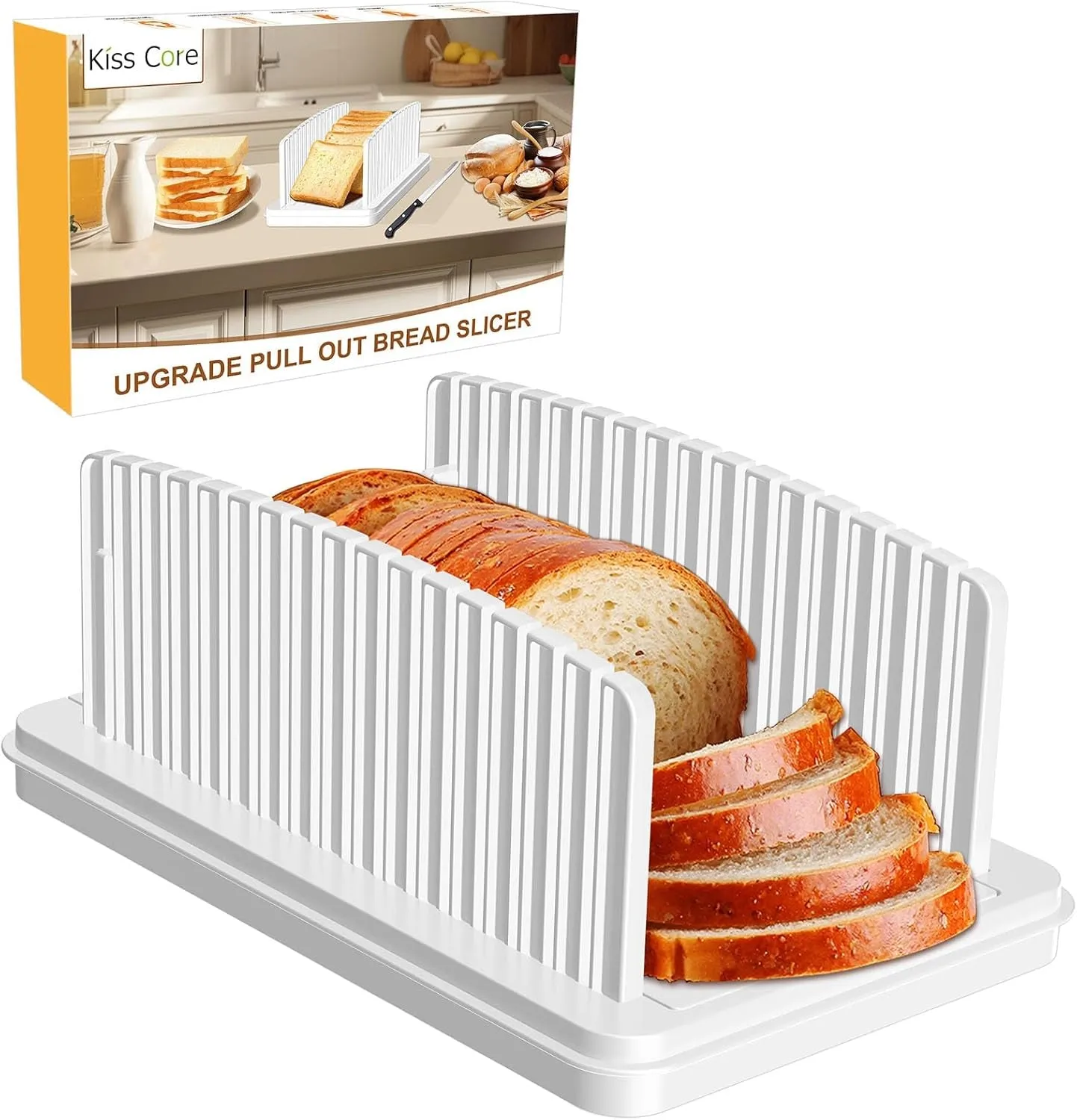 New Upgrade Bread Slicer for Homemade Bread, Bread Slicing Guide Adjustable Width, Foldable and Compact Cutting Guide with Crumb Tray, Suitability for Homemade Bread, Bagels, Cakes.