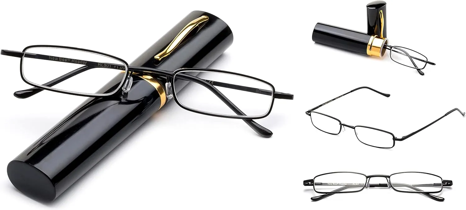 Newbee Fashion -"Pocket" Readers Ultra Compact Spring Temple Reading Glasses w/Portable Pocket Clip Aluminum Case