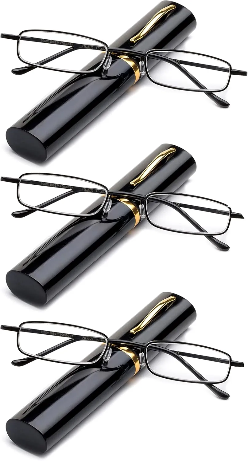 Newbee Fashion -"Pocket" Readers Ultra Compact Spring Temple Reading Glasses w/Portable Pocket Clip Aluminum Case