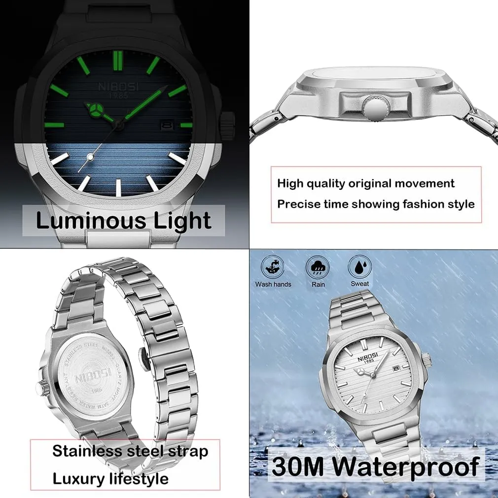 NIBOSI Watches for Men Square Fashion Waterproof Business Stainless Luxury Analog Simple Dress Classic Dad Father Gifts Gold Black Wrist Watch