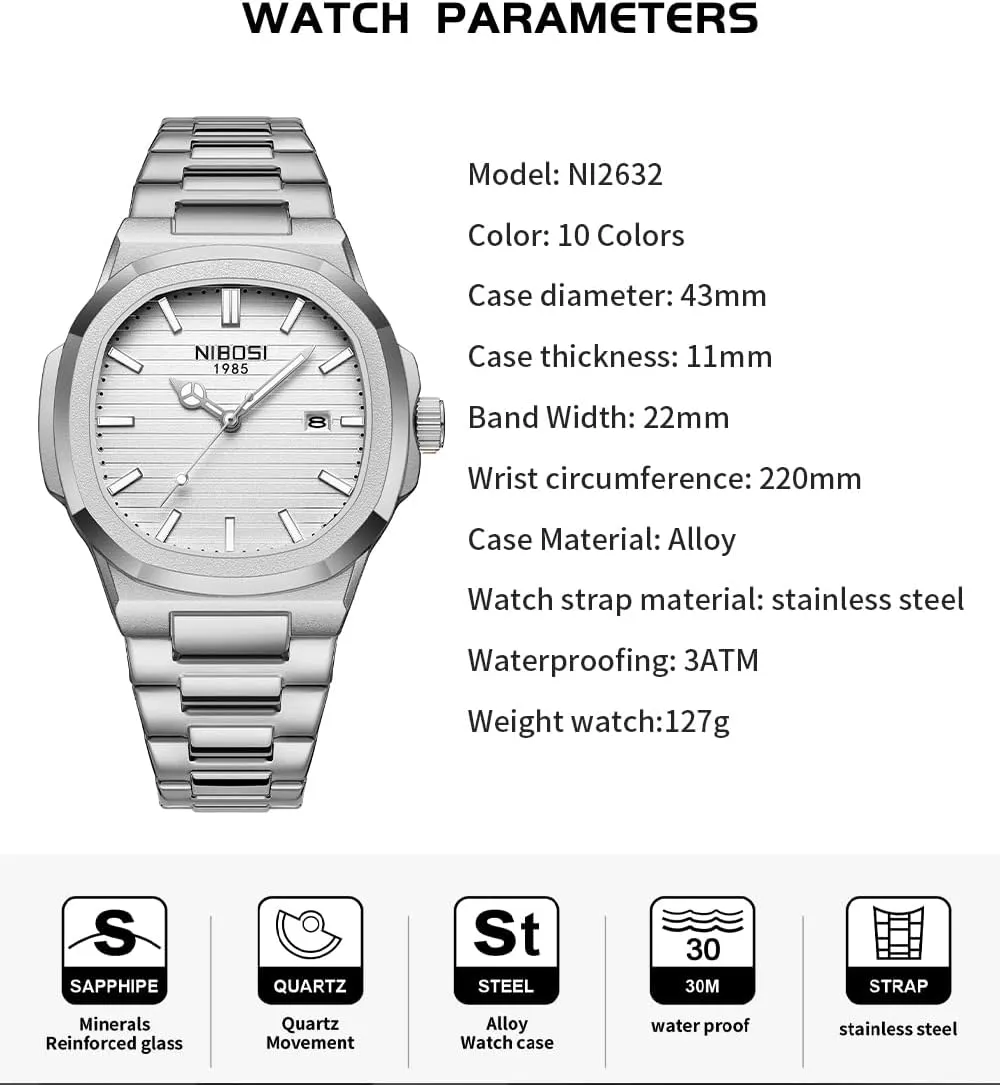 NIBOSI Watches for Men Square Fashion Waterproof Business Stainless Luxury Analog Simple Dress Classic Dad Father Gifts Gold Black Wrist Watch