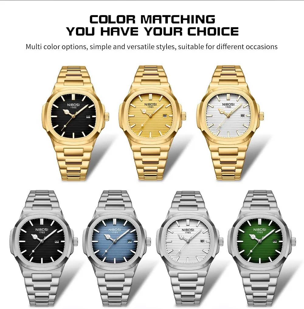NIBOSI Watches for Men Square Fashion Waterproof Business Stainless Luxury Analog Simple Dress Classic Dad Father Gifts Gold Black Wrist Watch