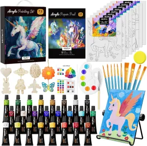 Nicpro 72PCS Kids Painting Set with Pattern Canvas, Art Painting Supplies Kit with 24 Acrylic Paints,10 Brushes, 8 Canvas Panels,Table Easel,Paper Pad,Color Wheel,Palette for Beginner Student Toddlers