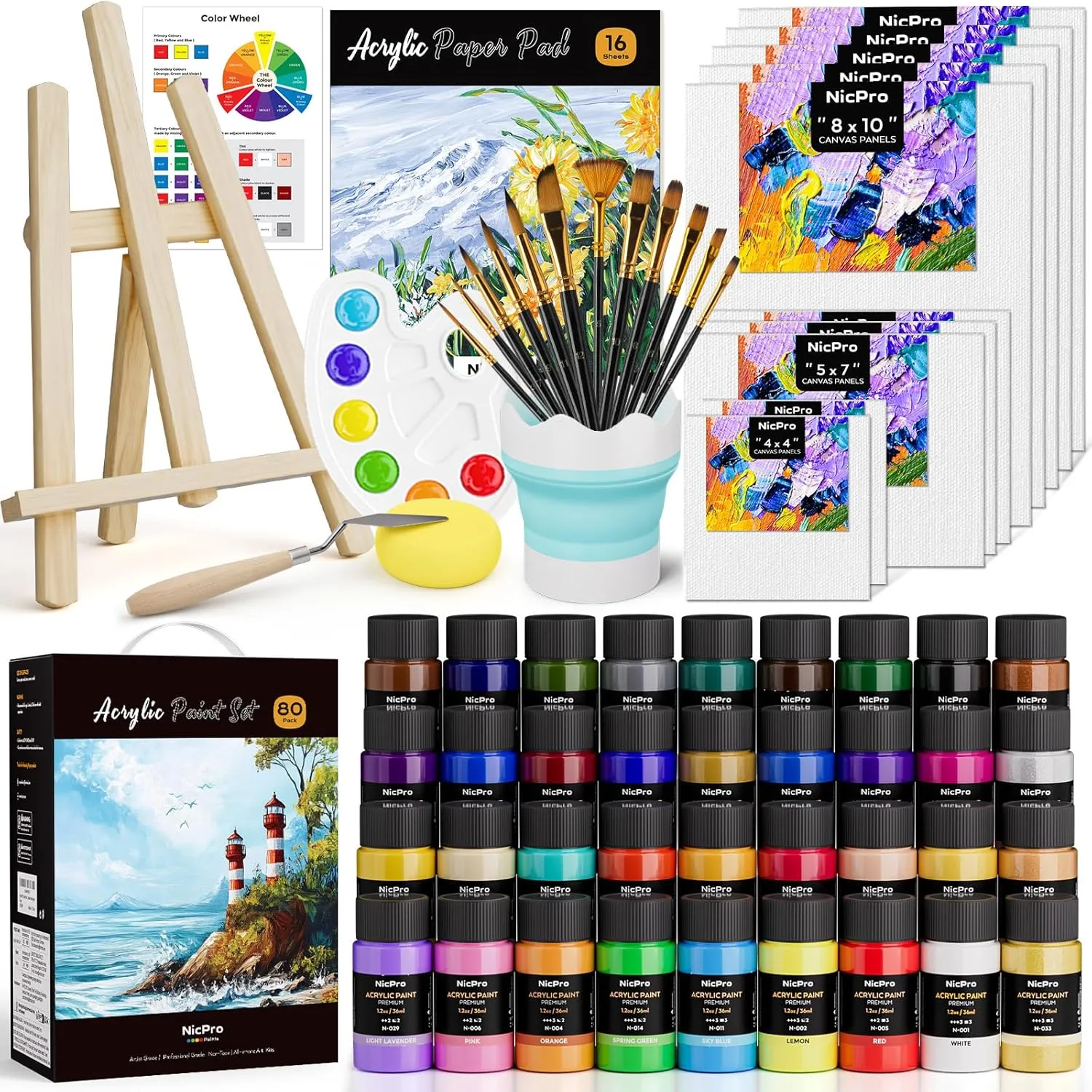 Nicpro Acrylic Paint Canvas Set for Adults, 80PCS Art Painting Supplies Kit with 36 Paints(36ML), Table Wood Easel,10 Canvas Panels,12 Brushes,Paper Pad, Cup, Palette for Adults Kids Artist Beginner