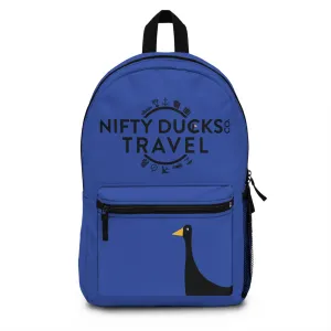 Nifty Ducks Travel Logo Backpack - Travel Bag with Black Duck Design - Blue