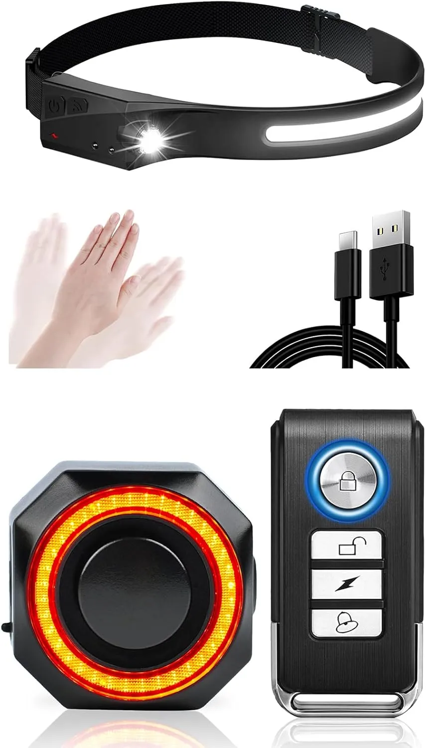 NineLeaf Headlight Rechargeable, 350Lumen 230Wide Angle Motion Sensor Headlamp Flashlight,Bike Taillight with Remote Control,Bike Brake Light USB Rechargeable 110dB Anti-Theft Bicycle Alarm Tail Light