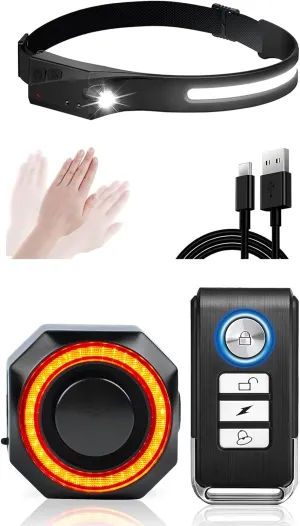 NineLeaf Headlight Rechargeable, 350Lumen 230Wide Angle Motion Sensor Headlamp Flashlight,Bike Taillight with Remote Control,Bike Brake Light USB Rechargeable 110dB Anti-Theft Bicycle Alarm Tail Light