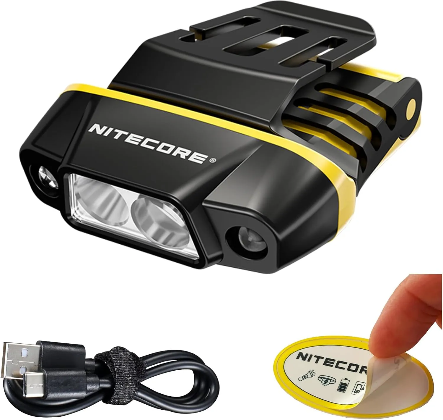 Nitecore NU11 Clip-On Cap Light and Headlamp, 150 Lumen Bright, USB-C Rechargeable, 90 Degree Adjustable for Fishing Camping and Work with Hands-Free Motion Sensor, White and Red LEDs and Sticker