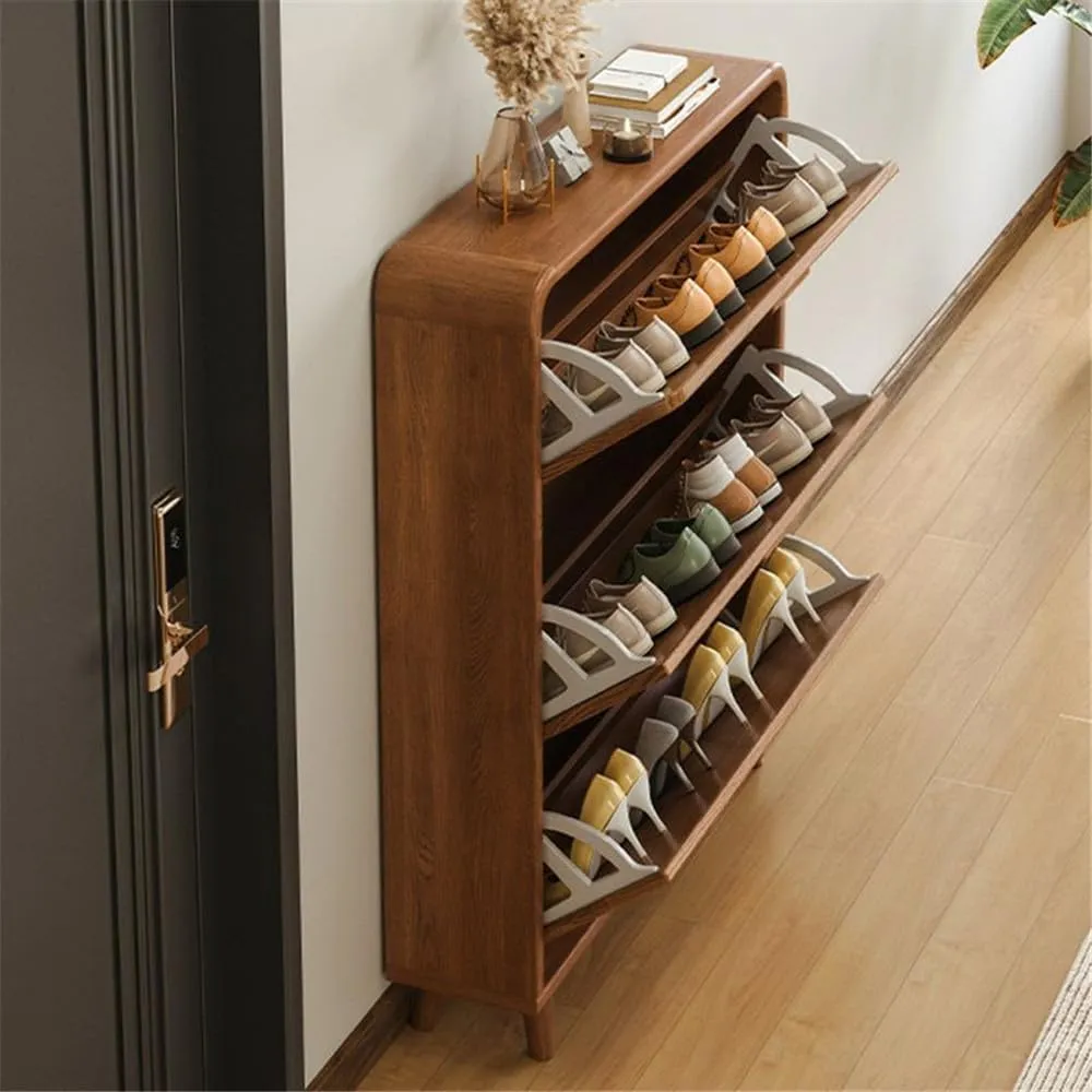 NIUYAO Flip Down Shoe Storage Cabinet Large Space Solid Wood Modern Simple Style Free Standing Hidden Shoes Rack Displays Organizer for Entrance Hallway Entryway -Brown 31.5" L x 6.5" W x 47" H