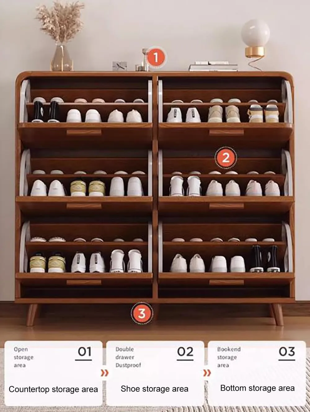 NIUYAO Flip Down Shoe Storage Cabinet Large Space Solid Wood Modern Simple Style Free Standing Hidden Shoes Rack Displays Organizer for Entrance Hallway Entryway -Brown 31.5" L x 6.5" W x 47" H