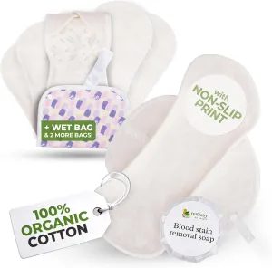 Non-Slip Organic Reusable Period Pads for Heavy Flow & Incontinence (L XL, 6-Pack); High-Temp Viscose Washable Cloth Pads for Women; Non-Irritating, Soft Reusable Pad Menstrual for Comfortable Care